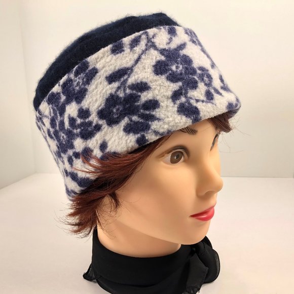 Navy Floral Cashmere Sweater Hat & Flower Pin - Picture 4 of 9